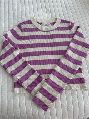 Zara kids Cream and Purple Striped Ribbed Sweater